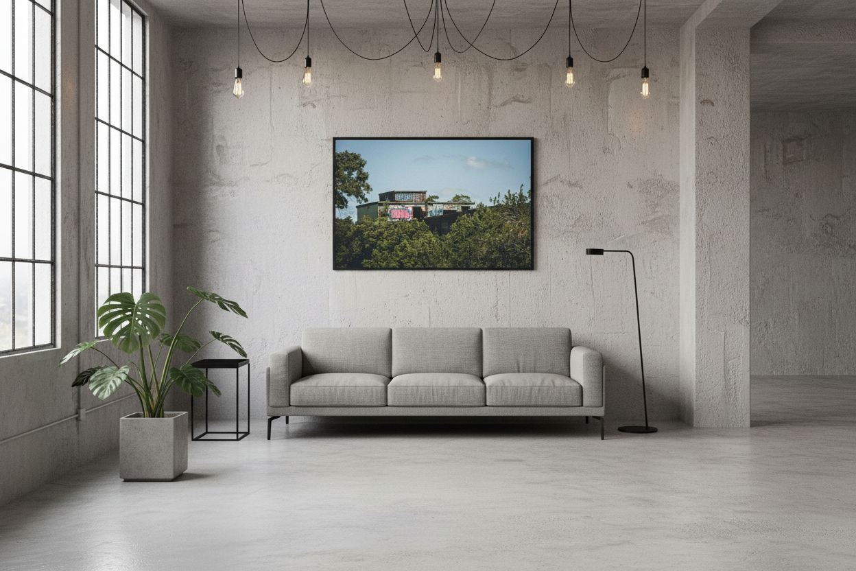 Graffiti rooftop print - smaller scale in brutalist loft