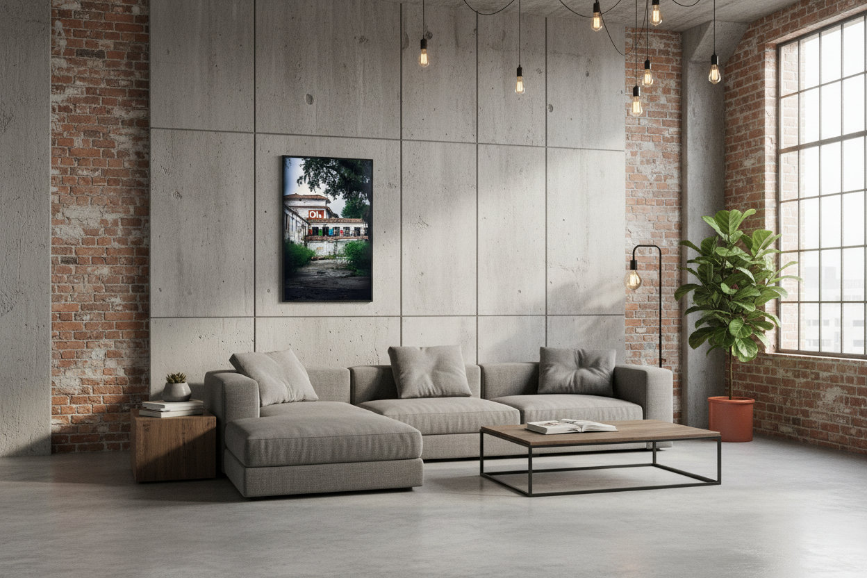 Abandoned building graffiti print 24x36 framed in modern industrial loft interior