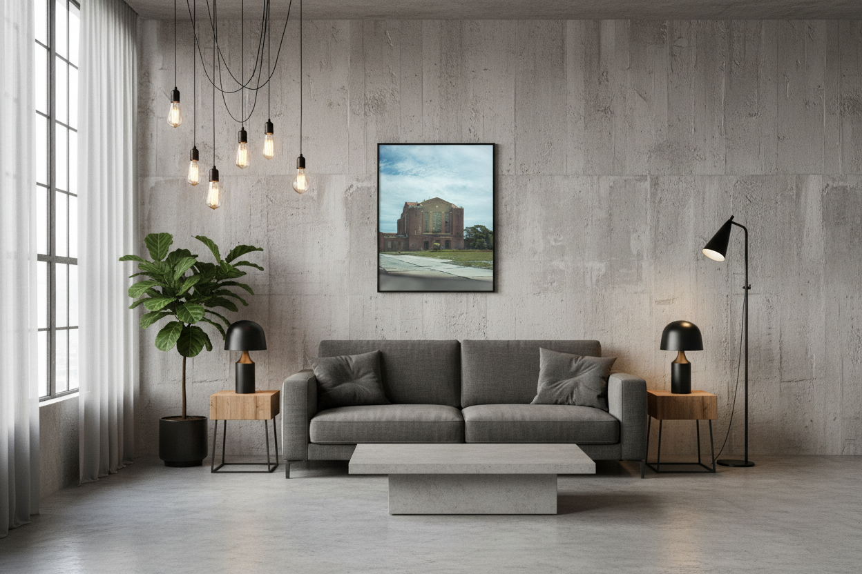 Abandoned warehouse brick building print 24x36 framed in modern loft