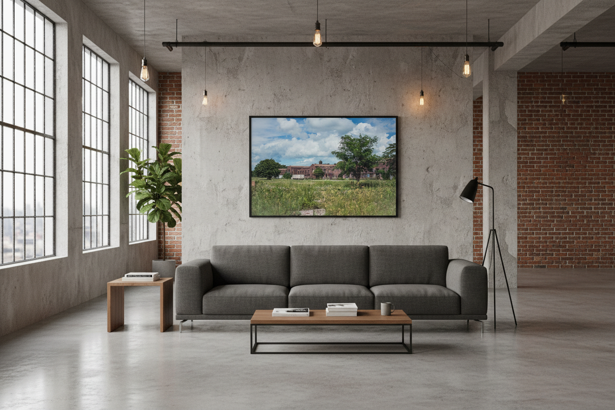 Abandoned building overgrown field print 24x36 framed in brutalist loft