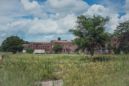 Large abandoned brick building with greenery in front under a blue sky with clouds
