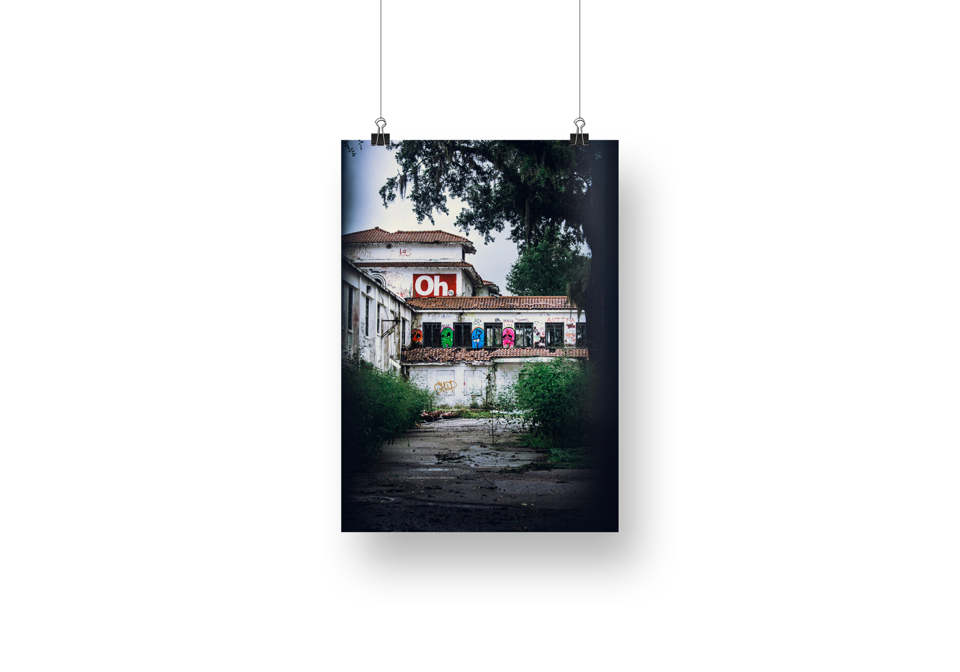 Poster of a building with a sign on a white background