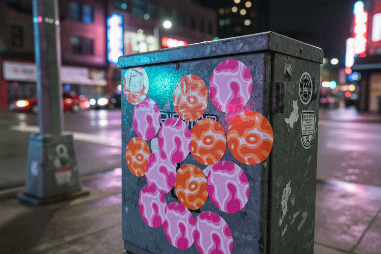 Pink and Orange Stickers on Urban Utility Box